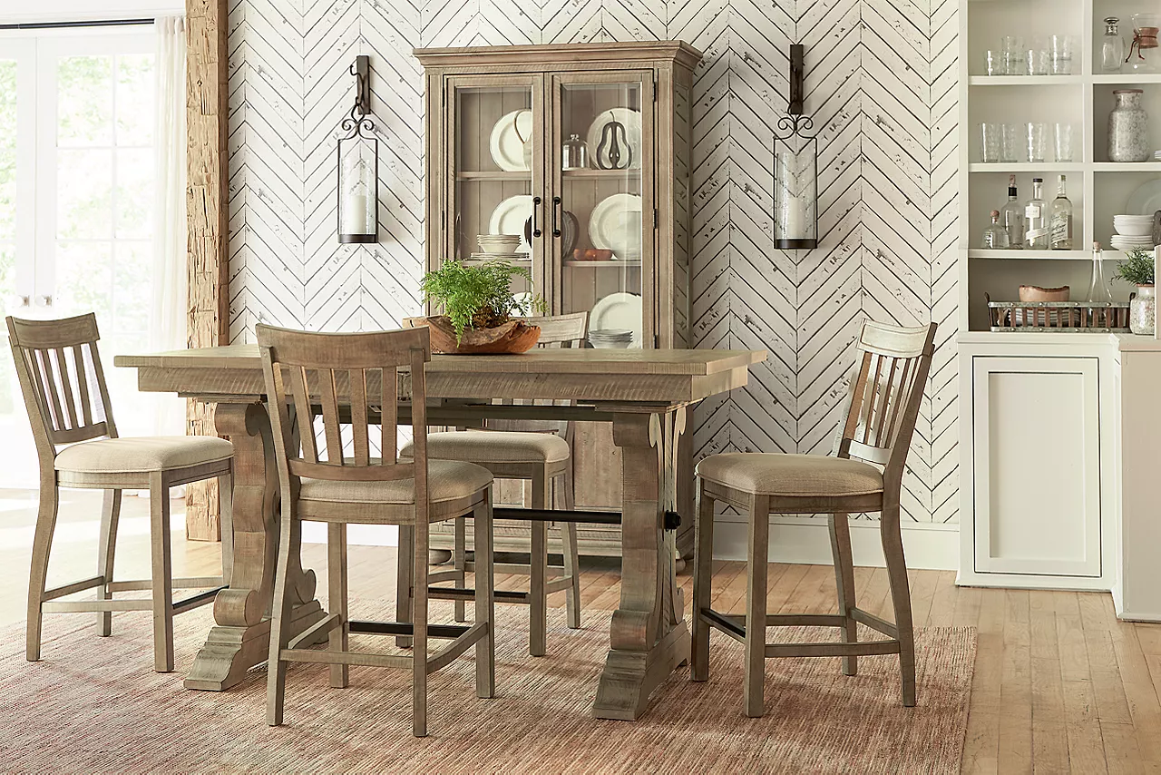 Blue Ridge Counter-Height Table, Stools, and China Cabinet in Dovetail Grey in a room scene.